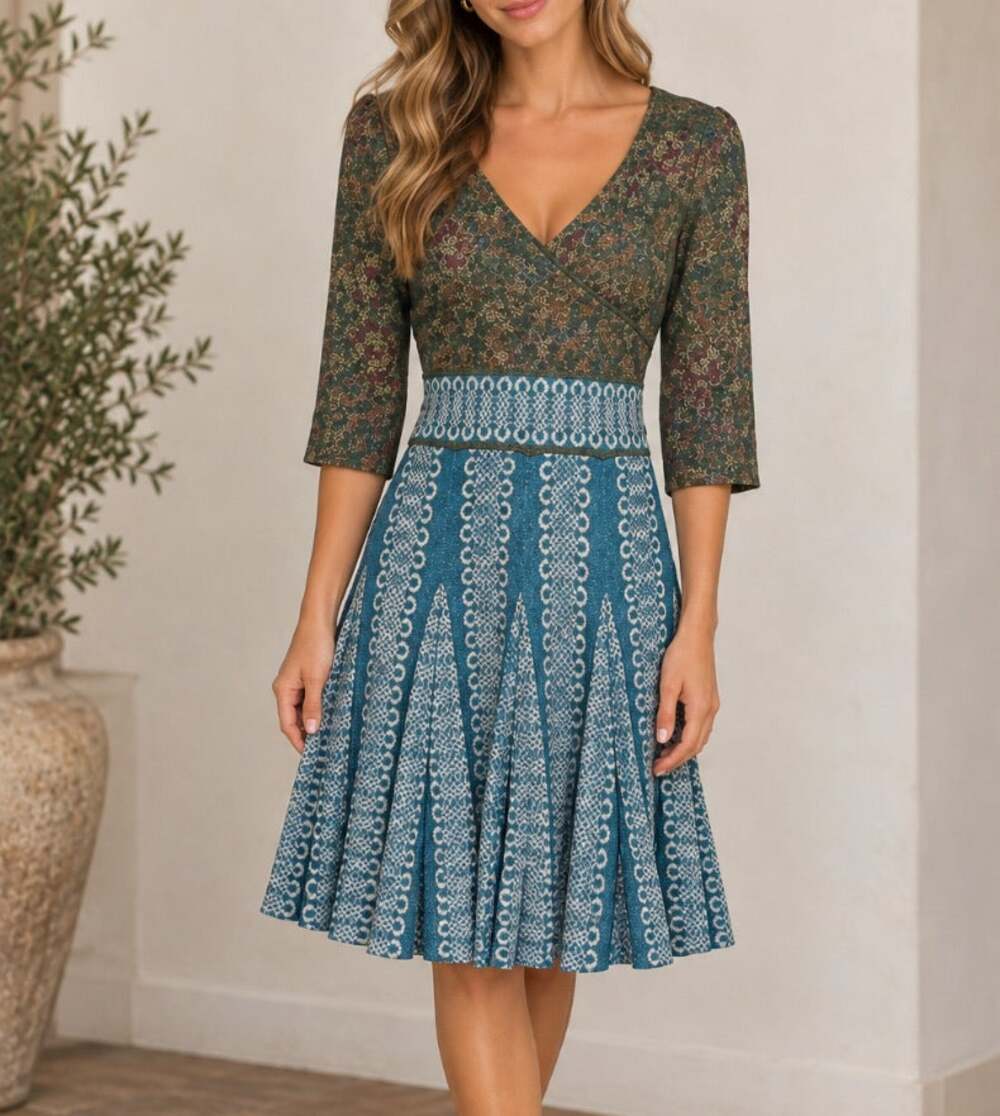 Womens Zac Posen Knit Fit & Flare Dress Metallic & Teal Size L EUC!